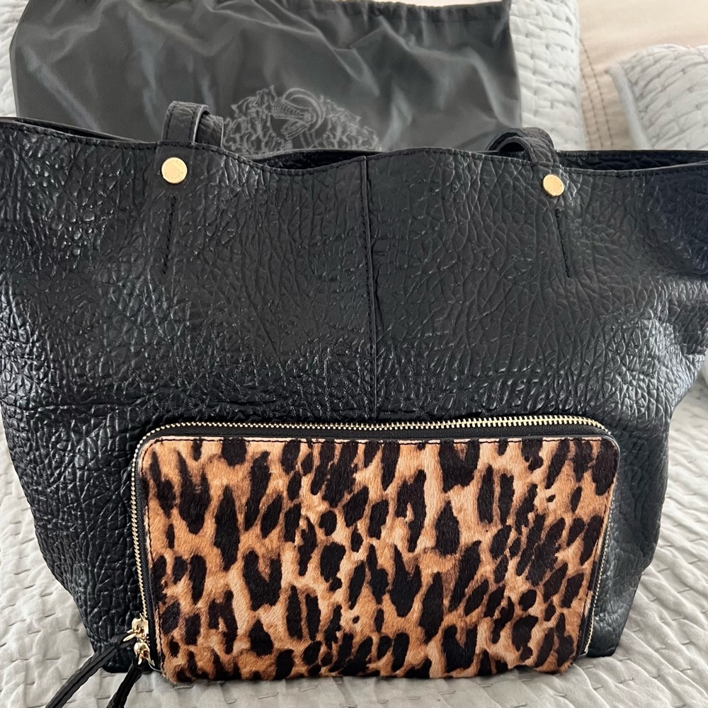 Vince Camuto Black Leather Tote Bag with Leopard Print Accent.